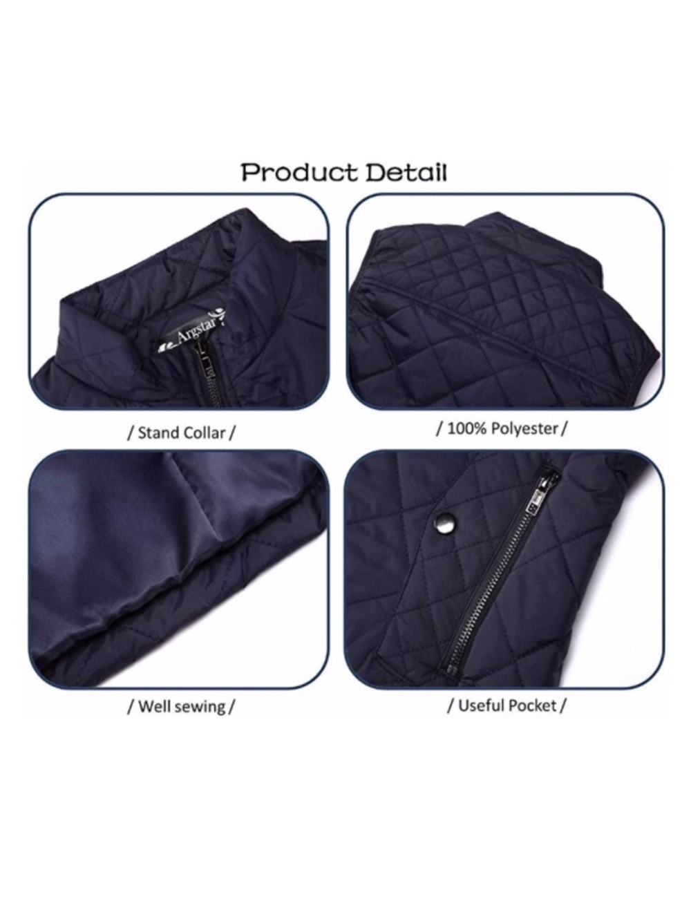 NWT Quilted Navy Sleeveless Vest with Stand Collar Size L - Picture 4 of 9